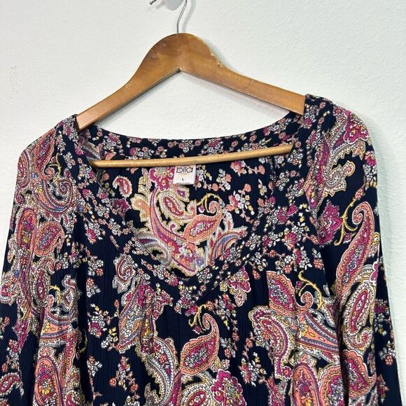 Bila Women’s Multicolor V Neck Paisley 3/4 Sleeve Boho Bohemian Top Size Large - Picture 2 of 13